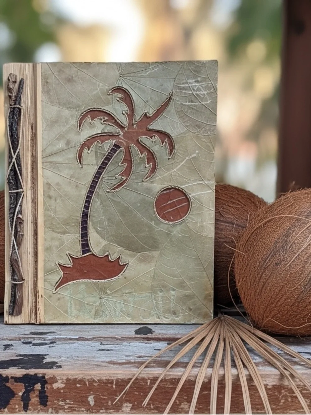 Handcrafted Palm Tree Tropical Hawaii Photo Album- Natural Brown